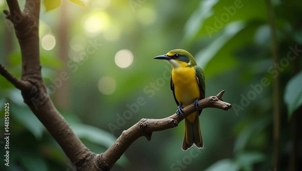 Obraz Yellow bird perched on branch in forest nature wildlife photography birdwatching avian species tropical bird 