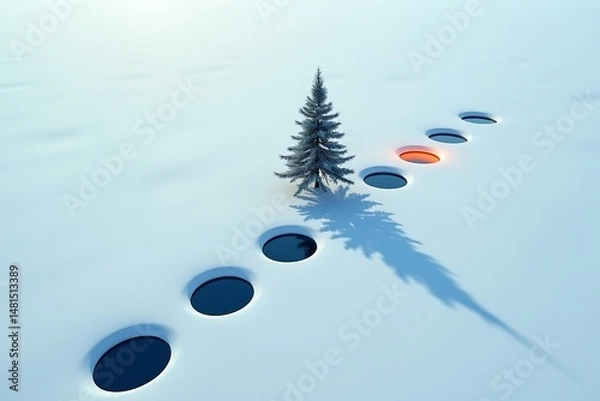 Obraz Winter snow landscape with tree and holes in ground concept art abstract cold season danger risk path way design 