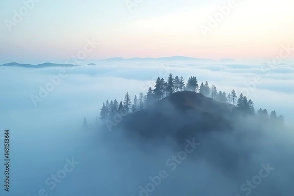 Obraz Misty mountain landscape with pine trees aerial view nature photography scenic fog covered hills at sunrise 