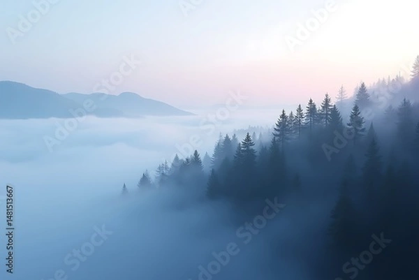 Obraz Misty forest landscape photography aerial view of mountain range nature background wallpaper serene scene tree 