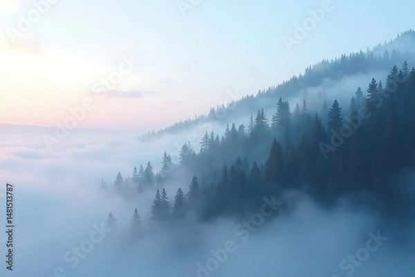 Obraz Misty mountain landscape wallpaper background with pine trees and fog covered forest at sunrise scenic view 