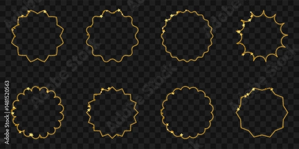 Fototapeta Set of round gold frame with glitter and stars. Golden light ring on transparent background. Abstract backdrop for award or celebration design.