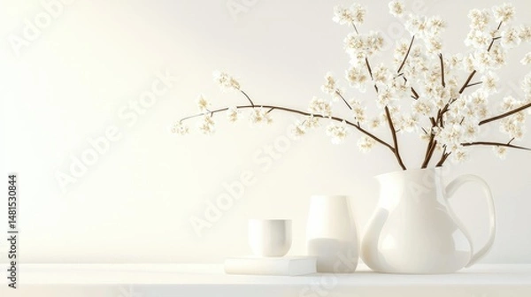 Fototapeta A collection of white vases with flowers in a minimalistic display