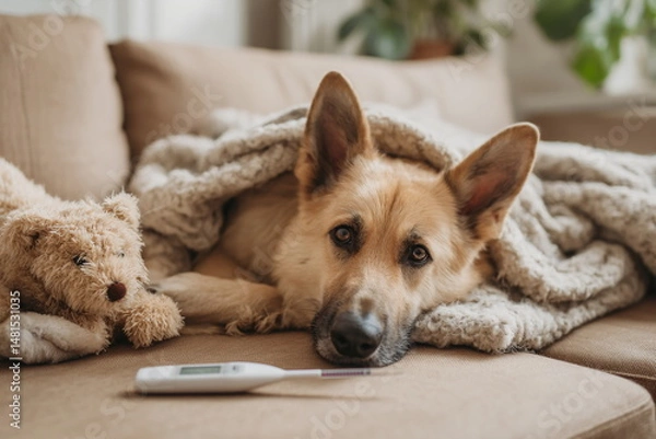 Obraz A sick puppy rests on a cozy sofa, snuggled between plush blankets and a favorite stuffed toy. With a thermometer nearby, the image highlights gentle home care and emotional comfort for pets.








