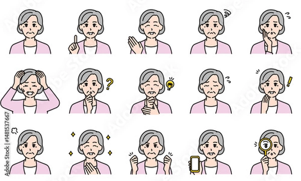 Fototapeta 表情とポーズで感情を表すカジュアルな高齢女性のイラストセット