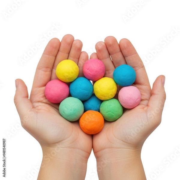 Fototapeta Hands holding colorful play dough balls isolated on transparent background