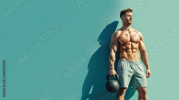 Fototapeta Fit man exercising with kettlebell, horizontal layout with space for text, sports theme.

