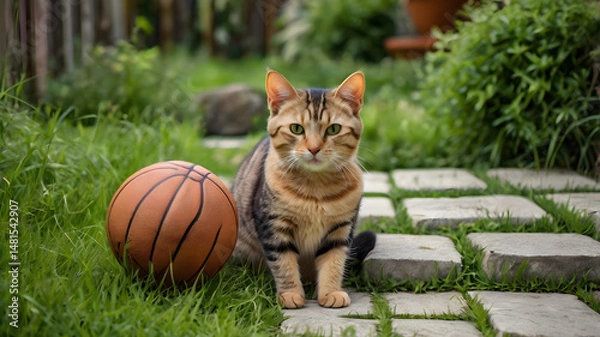 Fototapeta Tabby Cat Sitting on Garden Path with Basketball