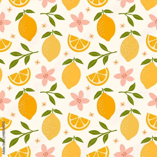 Obraz Seamless pattern with fruits, lemons and flowers. Summer fruit  background design