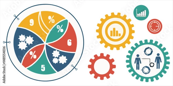 Fototapeta Gear mechanism infographics showing statistics and percentage data breakdown, representing teamwork and business strategy development