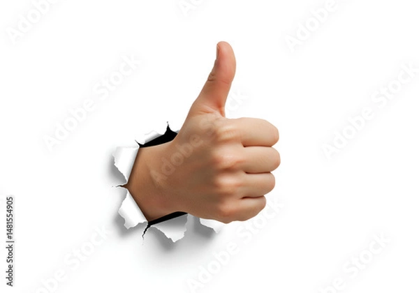 Fototapeta Thumbs-Up Gesture Breaking Through White Surface: Conceptual Image Representing Approval, Positivity, and Encouragement with a Hand Emerging from a Torn Paper Background