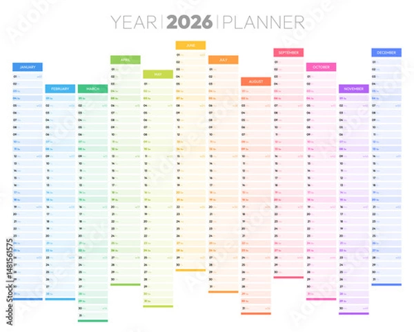 Fototapeta Year 2026 colorful calendar with daily agenda vector illustration. Schedule page journal, stationery calendar, organizer template with twelve months. Wall planner with space for personal notes
