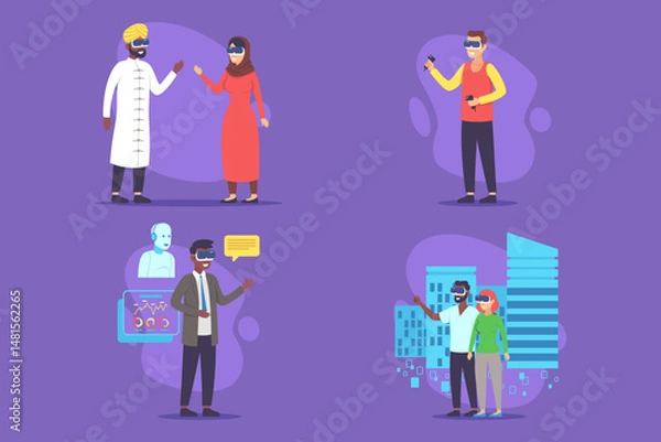 Fototapeta People participating in various activities, showcasing social interactions in colorful urban environment. Group including individuals in modern attire and traditional clothing