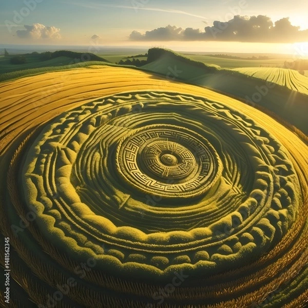 Fototapeta Aerial View of a Spiral Crop Circle in a Golden Wheat Field