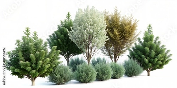Fototapeta Green trees isolated on white background. Forest and foliage in summer. Row of trees and shrubs.