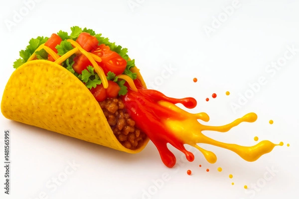 Fototapeta Realistic Taco Shell with Seasoned Meat, Lettuce, Tomatoes, and Exploding Salsa and Cheese Splash on White Background – Dynamic Mexican Food Concept for Ads and Design