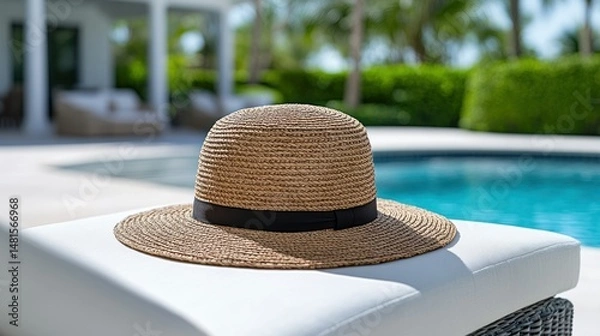 Fototapeta Light brown straw hat by poolside