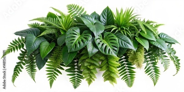 Fototapeta  green leaves of tropical plants bush (Monstera, palm, rubber plant, pine, bird's nest fern). PNG, cutout, or clipping path.