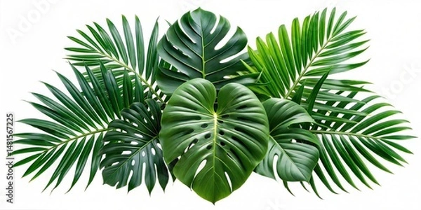 Fototapeta  green leaves of tropical plants bush (Monstera, palm, rubber plant, pine, bird's nest fern). PNG, cutout, or clipping path.