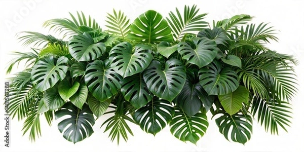 Fototapeta Isolated tropical plants cut-out bush (Monstera, palm, rubber plant, pine, bird's nest fern). PNG, cutout, or clipping path.