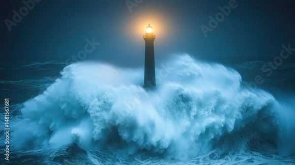Fototapeta Lighthouse amidst a raging storm at night
