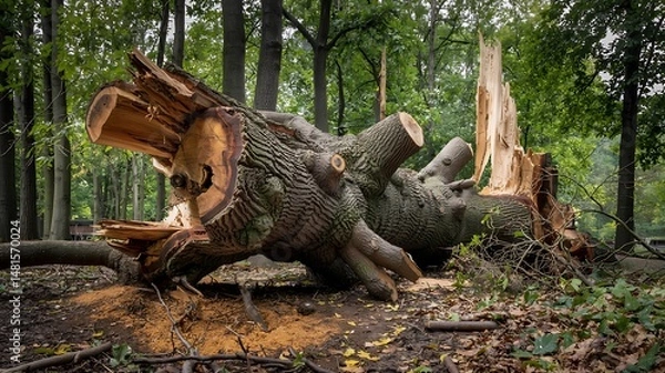 Fototapeta A tree being cut down, representing deforestation, Generative AI