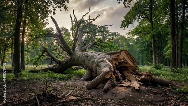 Fototapeta A tree being cut down, representing deforestation, Generative AI