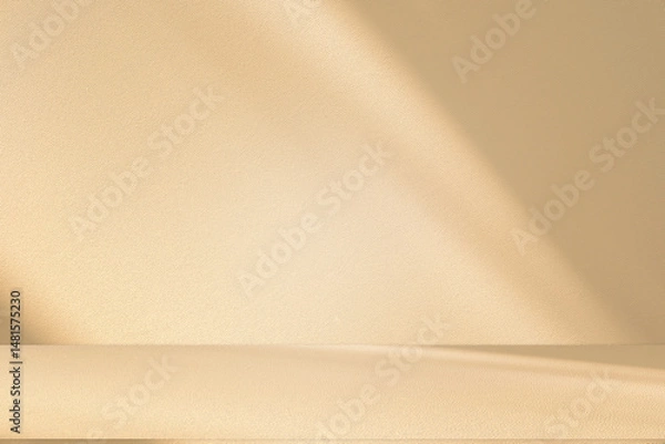 Fototapeta Studio style background wall decoration presentation uses white and beige tones. with shadows cast from a nearby window, concept creating a decorative backdrop.	