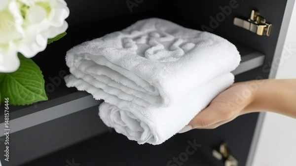 Fototapeta White towels neatly stacked on a dark gray cabinet shelf with a hand reaching for them