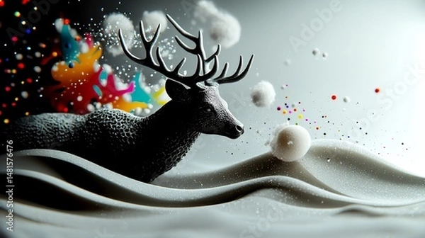 Fototapeta Winter Scene with Deer. Abstract design, a deer amidst wintery elements