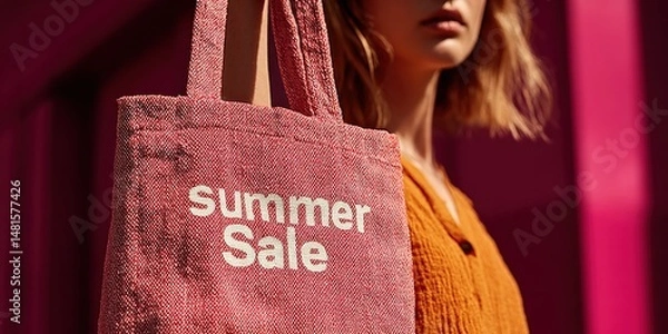 Obraz Summer Sale Shopping Tote: A stylish shopper showcases a vibrant summer sale tote bag, embodying the excitement of seasonal offers. The bag's design adds a pop of fashion to the lively scene.