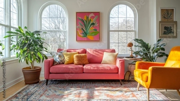 Fototapeta A bright living room with a pink sofa, cheerful orange armchair, abstract art, and potted plants. Sunlight streams through arched windows, highlighting a patterned area rug.