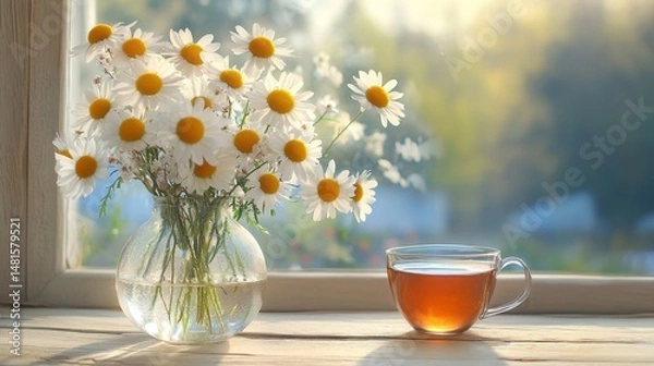 Obraz A close-up of fresh flowers in a vase beside a cup of tea, representing the tranquil mornings of May and June for wellness or tea brands.