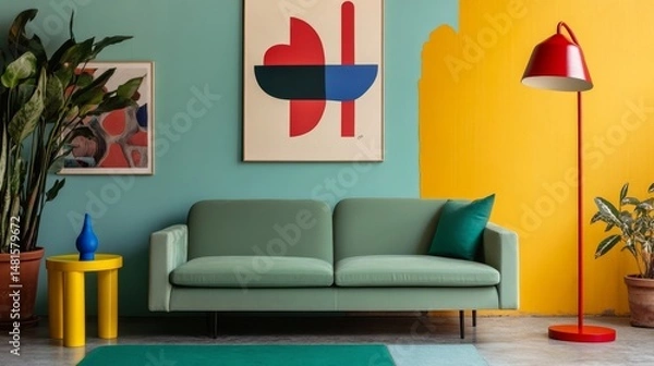 Obraz A colorful living room with a green sofa, art prints, a red floor lamp, and a yellow side table with a blue object. The floor features a green cushion and bright area rug.