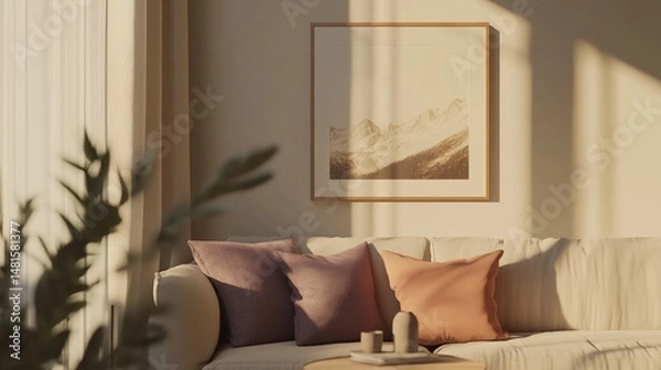 Obraz A cozy living room with a beige partal sofa, purple and peach pillows, a small coffee table, and a framed mountain painting. Natural light fills the space.