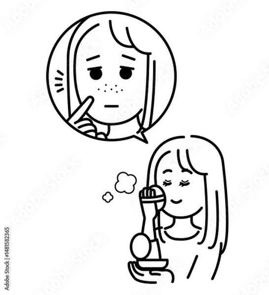 Fototapeta 気になる毛穴を化粧で隠す女性のイラスト　線画のみ