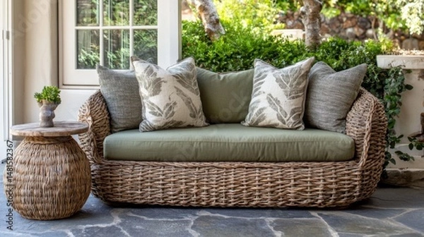 Obraz A cozy outside seating arrangement with a rattan partal sofa, decorative pillows, and agreen backdrop. A round side table adds to the calm atmosphere.