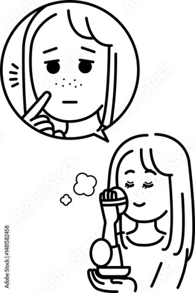 Fototapeta 気になる毛穴を化粧で隠す女性のイラスト　線画のみ