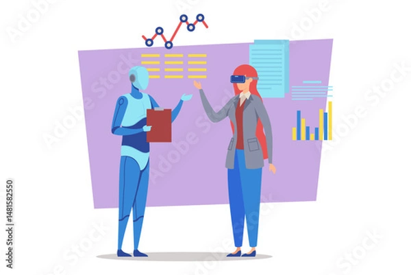 Fototapeta Humanoid robot and woman wearing virtual reality goggles engaged in discussion about data analytics trends in modern office setting with colorful charts on walls