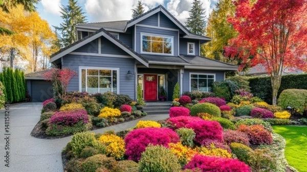 Obraz A gray two-story house with a gable roof, large windows, and red doors surrounded by colorful landscaping and vibrant flowers. The scene is well-lit and sunny.