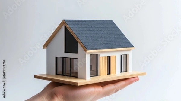 Obraz A human hand holds a model of a modern two-story house with a black roof, large windows, and a white and wooden design. A light-colored background emphasizes the model.