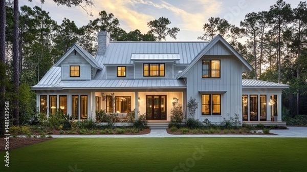 Obraz A minimalist two-story house with white and gray finishes, large windows, and a covered front porch. Thegreenery around the house creates a calm environment.