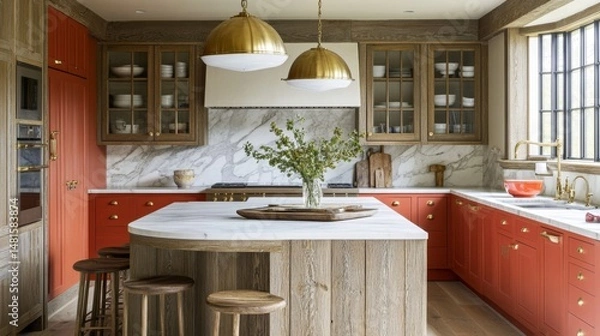 Obraz A modern kitchen with terracotta cabinets and a marble backsplash. Gold-toned fixtures, a large kitchen island, and wooden texture elements complete the warm and elegant aesthetic.