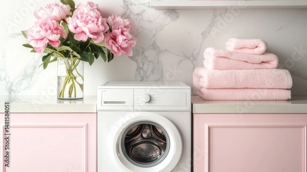 Obraz A modern laundry room with a white washing machine, pale pink cabinetry, and neatly rolled towels. A vase with pink peonies and soft natural light enhance the cozy atmosphere.