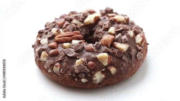 Fototapeta Indulging in a rich chocolate doughnut adorned with crunchy nuts against a stark white background showcasing its enticing features