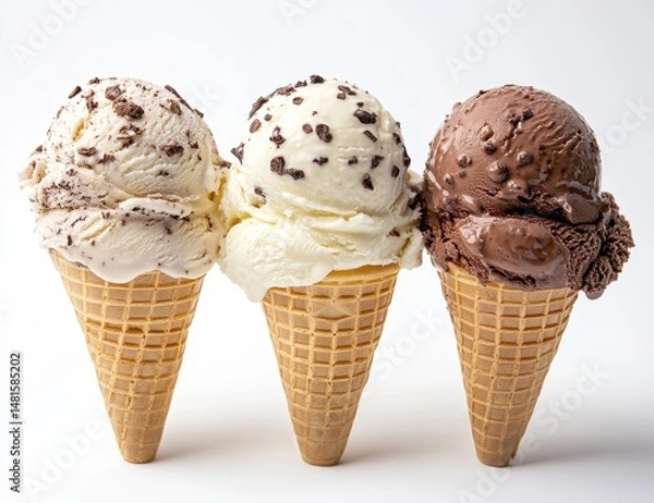 Fototapeta Delightful assortment of chocolate and vanilla ice cream cones arranged on a bright white background, perfect for summer cravings and dessert lovers