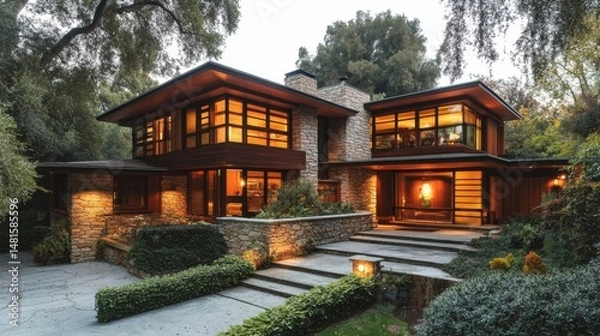 Obraz A modern two-story house with stone, wood, and glass elements, featuring expansive windows and a distinctive entrance framed bygreenery and design lights.