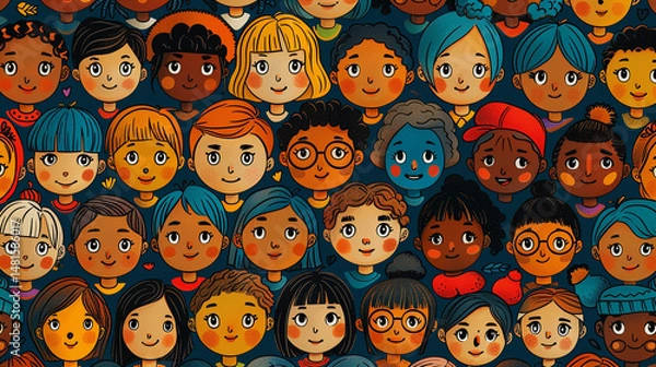 Fototapeta Diverse children's faces, various ethnicities, cheerful expressions, seamless pattern.