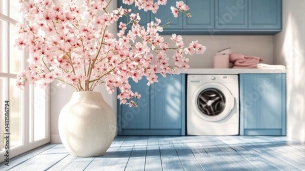 Obraz A stylish laundry area with white washing machines, blue cabinets, and a large vase with pink cherry blossoms. Natural light creates soft shadows on wooden floors.