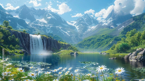Fototapeta Serene mountain lake with waterfall and wildflowers. Lush greenery, snow-capped peaks, clear water.